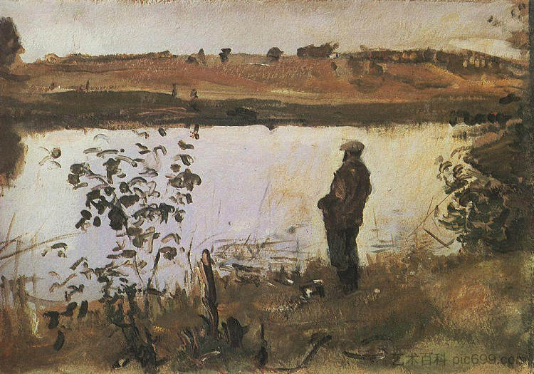 艺术家K.科罗文在河岸 Artist K. Korovin on the river bank (1905),瓦伦丁·谢罗夫