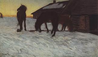 浇水广场的小马驹。多莫特卡诺沃 Colts at Watering Place. Domotcanovo (1904)，瓦伦丁·谢罗夫