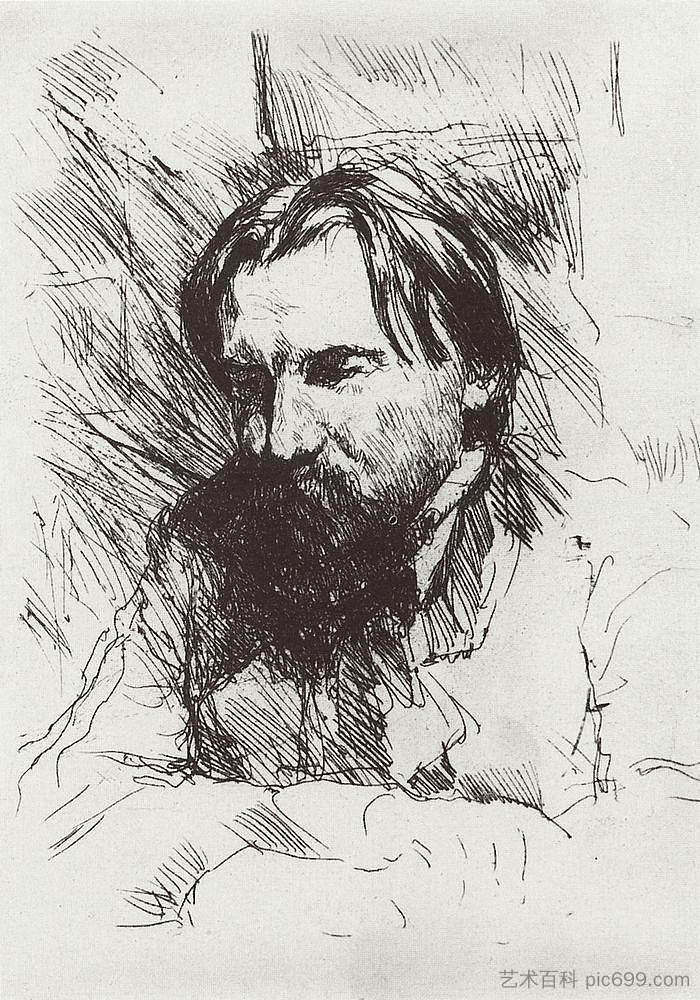 艺术家兼雕刻师V.V.马特的肖像 Portrait of the artist-engraver V.V. Mate (1898 - 1899)，瓦伦丁·谢罗夫