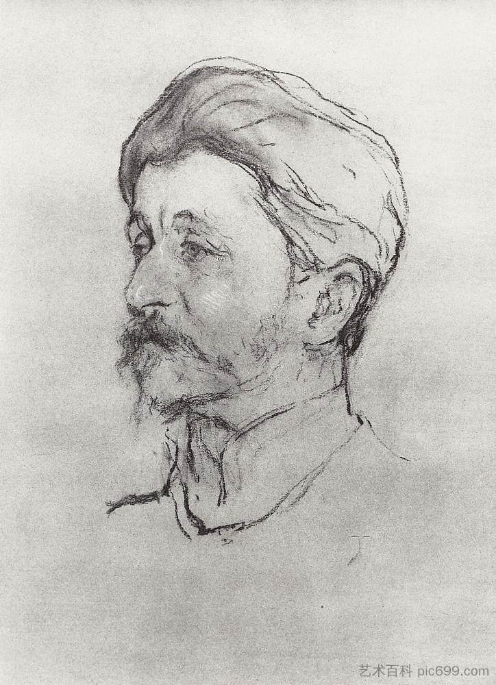 艺术家M.A.弗鲁贝尔的肖像 Portrait of the Artist M.A. Vrubel (1907)，瓦伦丁·谢罗夫