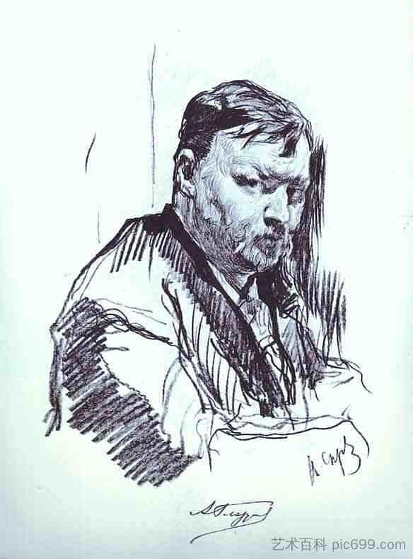 作曲家亚历山大·格拉祖诺夫的肖像 Portrait of the Composer Alexander Glazunov (1899),瓦伦丁·谢罗夫
