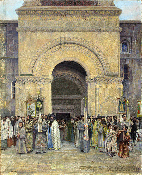 游行队伍从圣埃奇米亚津大教堂出发 The Departure of the Procession from St. Etchmiadzin Cathedral (1895; Armenia  )，瓦尔德格斯·苏伦尼扬茨