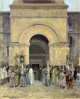 游行队伍从圣埃奇米亚津大教堂出发 The Departure of the Procession from St. Etchmiadzin Cathedral (1895; Armenia                     )，瓦尔德格斯·苏伦尼扬茨