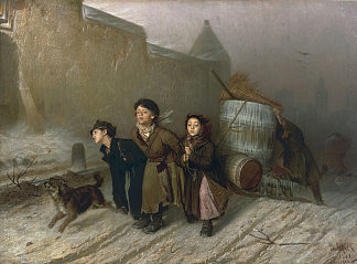 三 驾 马车。提水的学徒工人 Troika. Apprentice Workmen Carrying Water (1866)，瓦西里佩洛夫