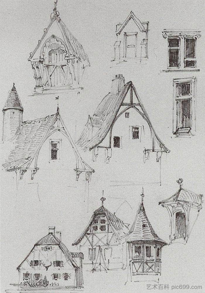 建筑草图。来自在德国旅行。 Architectural sketches. From travelling in Germany. (1872)，瓦西里波列诺夫