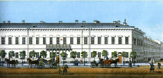 杰米多夫酒店。“涅瓦大街全景”片段 Demidov hotel. Fragment of "Panorama of Nevsky Prospect" (1835),瓦西里·萨多维尼科夫