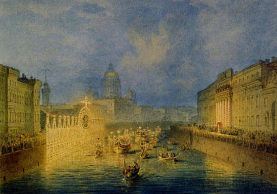 圣彼得堡莫尼卡堤岸上的照明 Illumination on the Moika Embankment in St. Petersburg (1856),瓦西里·萨多维尼科夫