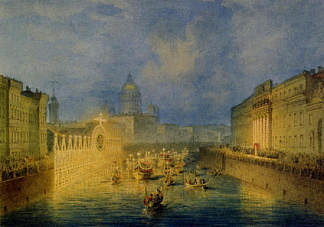 圣彼得堡莫尼卡堤岸上的照明 Illumination on the Moika Embankment in St. Petersburg (1856)，瓦西里·萨多维尼科夫