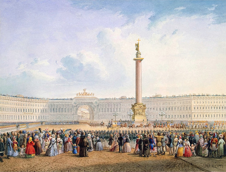 圣彼得堡宫殿广场和总司令部大楼的景色 View of Palace Square and the General Headquarters Building in St. Petersburg (c.1847)，瓦西里·萨多维尼科夫