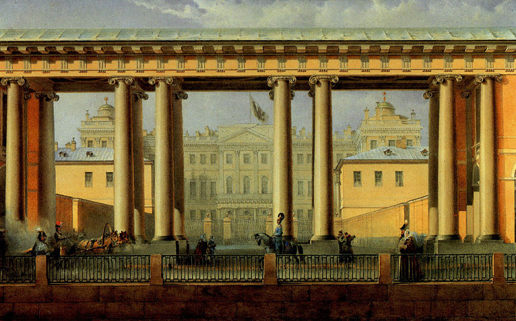 从丰坦卡河看阿尼奇科夫宫 View of the Anichkov Palace from the Fontanka River (1838)，瓦西里·萨多维尼科夫