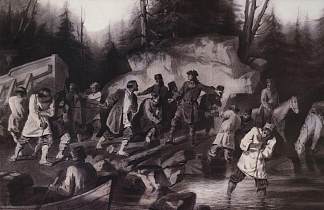 1702年，彼得一世从奥涅加湖的奥涅加湾拖船 Peter I drags ships from the Onega Bay in Lake Onega in 1702 (1872; Saint Petersburg,Russian Federation                     )，瓦西里·伊万诺维奇·苏里科夫