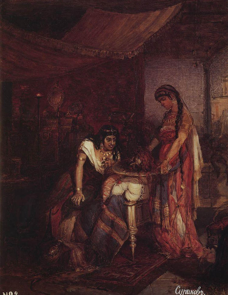 莎乐美将施洗者圣约翰的头颅带给她的母亲希罗底 Salome brings head of Saint John the Baptist to her mother Herodias (1872; Saint Petersburg,Russian Federation  )，瓦西里·伊万诺维奇·苏里科夫