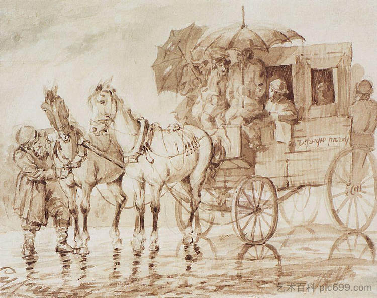 在雨中被长途汽车带到黑河 Under the rain by the coach to Black River (1871; Saint Petersburg,Russian Federation  )，瓦西里·伊万诺维奇·苏里科夫