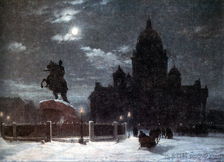 圣彼得堡参议院广场上的彼得一世纪念碑景观 View of monument to Peter I on the Senate Square in St. Petersburg (1870; Saint Petersburg,Russian Federation  )，瓦西里·伊万诺维奇·苏里科夫