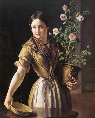 拿着一盆玫瑰的女孩 A girl with a pot of roses (1850)，瓦西里·特罗平宁