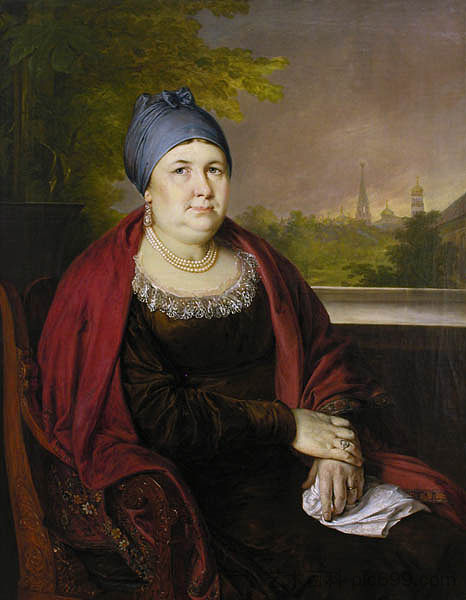 一个寡妇的肖像在蓝色的povoynik Portrait of a widow in a blue povoynik (1830)，瓦西里·特罗平宁