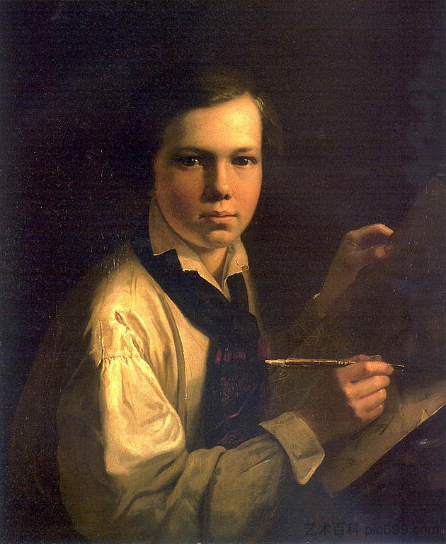 画架艺术家儿子的肖像 Portrait of the Artist's Son the easel (1820)，瓦西里·特罗平宁