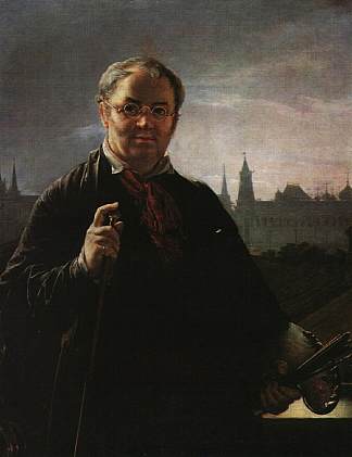用画笔和调色板对着面向克里姆林宫的窗户的自画像 Self-Portrait with Brushes and a Palette Against a Window Facing the Kremlin (1844)，瓦西里·特罗平宁