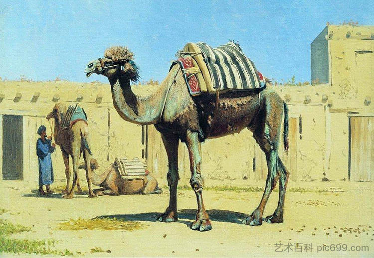 商队庭院里的骆驼 Camel in the courtyard of caravanserai (1869 - 1870)，瓦西里·维列什查金