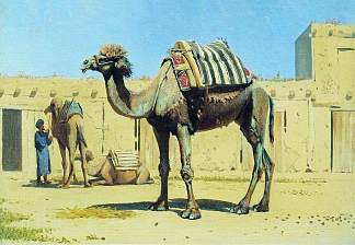 商队庭院里的骆驼 Camel in the courtyard of caravanserai (1869 – 1870)，瓦西里·维列什查金