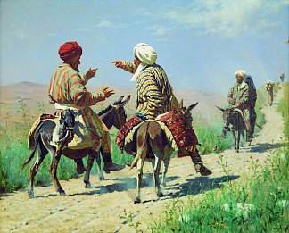 毛拉·拉希姆和毛拉·卡里姆在去市场的路上争吵 Mullah Rahim and Mullah Karim quarrel on his way to the market (1873)，瓦西里·维列什查金