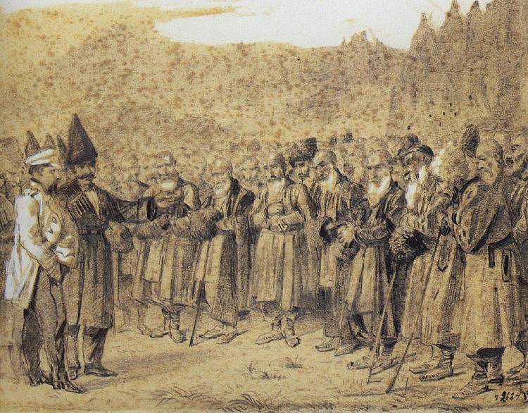 老板介绍（俄罗斯军官和高加索人） Presentation of the bosses (Russian officer and Caucasians) (1863 - 1864)，瓦西里·维列什查金
