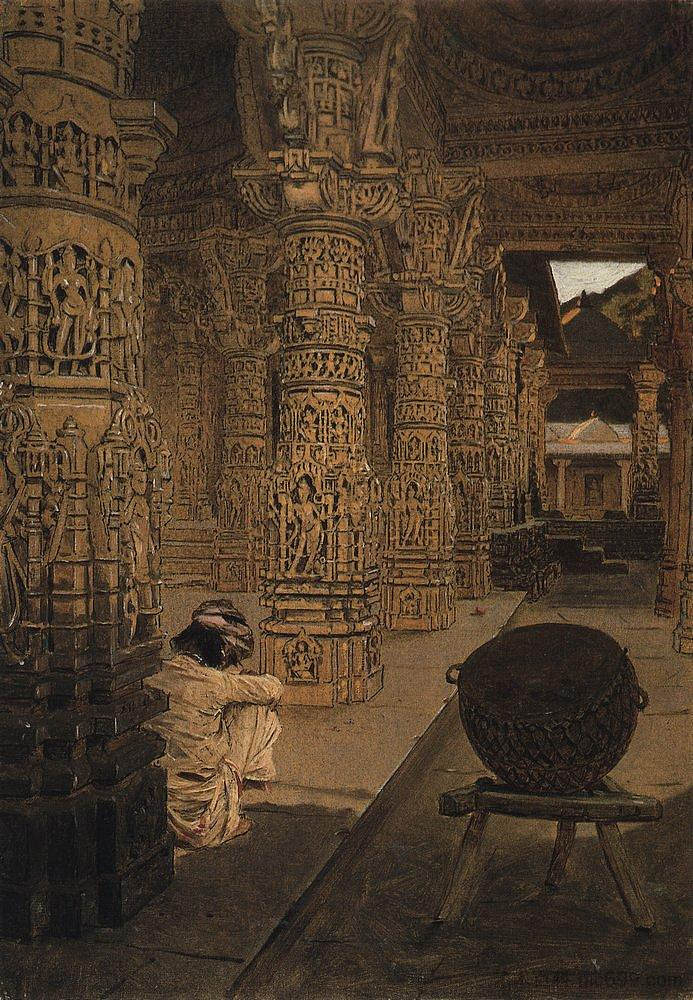 晚上在阿布山耆那教寺庙的柱廊 The colonnade in the Jain temple at Mount Abu in the evening (1874 - 1876)，瓦西里·维列什查金