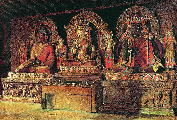 锡金清嘎林佛教寺院的三位神灵 The three main gods in a Chingacheling Buddhist monastery in Sikkim (1875)，瓦西里·维列什查金