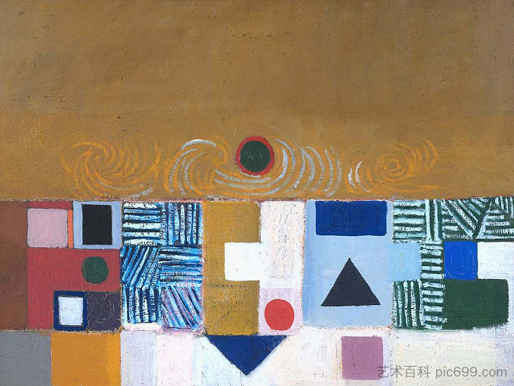 方形图案,蓝色和金色:日食 Square Motif, Blue and Gold: The Eclipse (1950),维克多帕斯莫尔