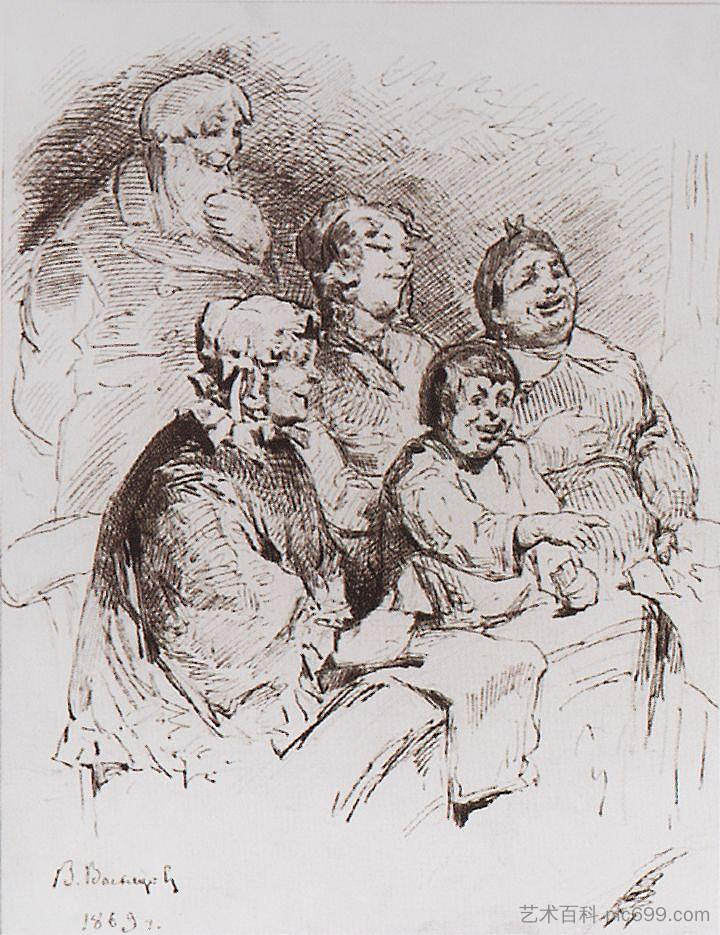 剧院里的商人家庭 Merchant family in the theater (1869)，维克托·米哈伊洛维奇·瓦斯涅佐夫