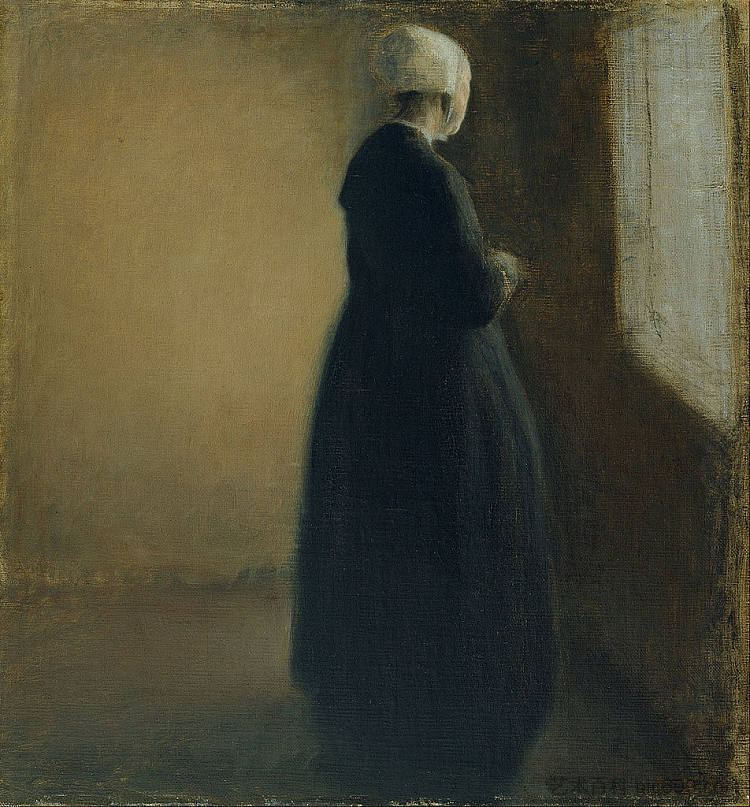 站在窗边的老妇人 An old woman standing by a window (1885)，维尔姆·哈默肖伊