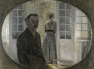 透过镜子看到的艺术家和他的妻子的双重肖像 Double portrait of the artist and his wife seen through a mirror (1911)，维尔姆·哈默肖伊