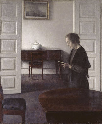 室内与阅读女士 Interior with a Reading Lady (1900)，维尔姆·哈默肖伊