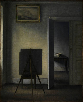 带有艺术家画架的内部 Interior with the Artist’s Easel (1910)，维尔姆·哈默肖伊