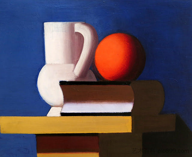 静物与白色罐子，橙色和书 Still Life with White Jar, Orange and Book (1933)，伦德斯特罗姆