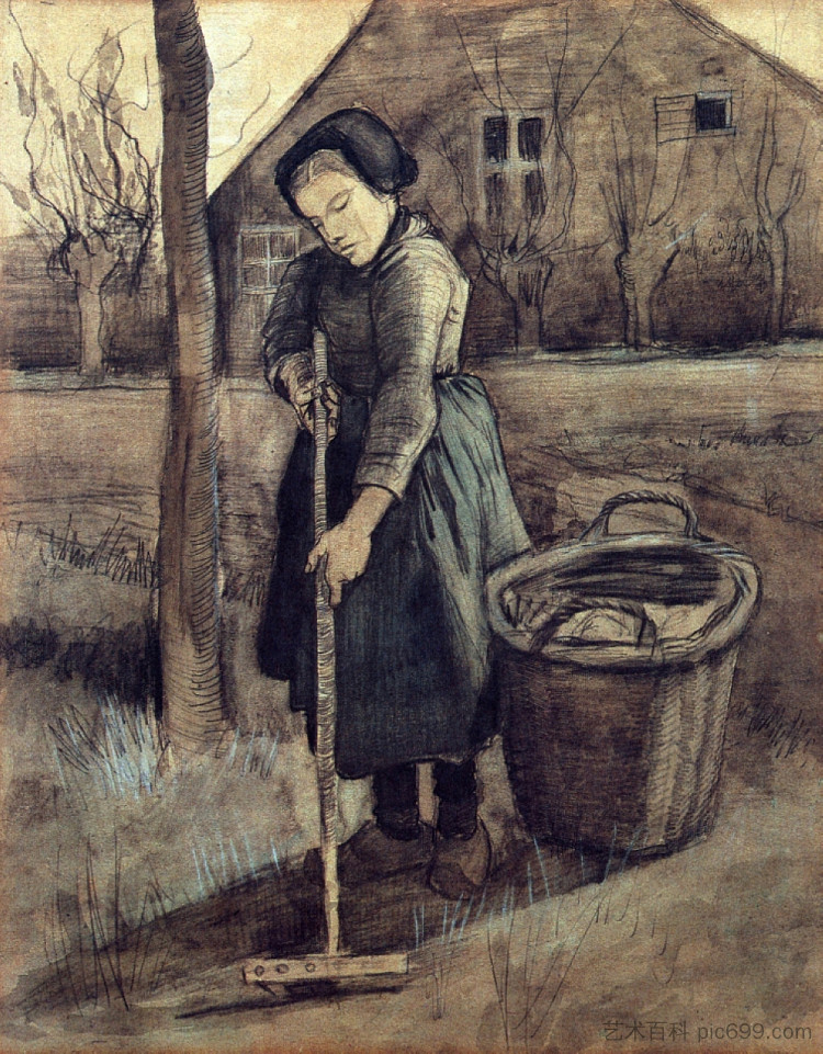 一个女孩耙草 A Girl Raking (1881; Netherlands  )，文森特·梵高