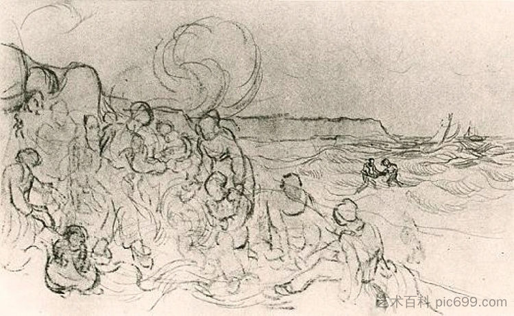 海滩上的一群人物 A Group of Figures on the Beach (1890)，文森特·梵高