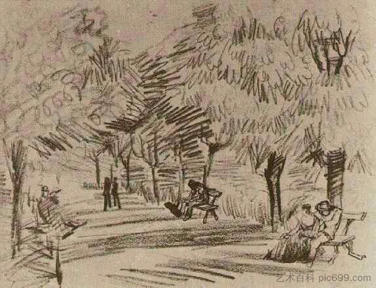 带长椅的公共花园中的一条小巷 A Lane in the Public Garden with Benches (1888; Arles,Bouches-du-Rhône,France  )，文森特·梵高