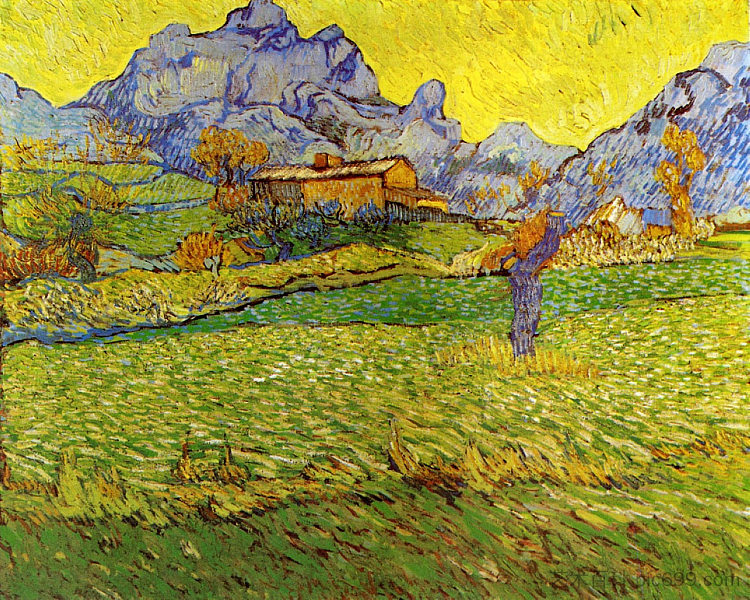 山中的草地：圣保罗马斯 A Meadow in the Mountains: Le Mas de Saint-Paul (1889; Saint-rémy-de-provence,France  )，文森特·梵高