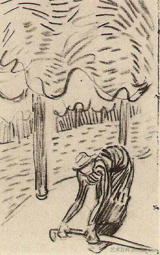 一个女人在树前捡起一根棍子 A Woman Picking Up a Stick in Front of Trees (1890; Auvers-sur-oise,France  )，文森特·梵高