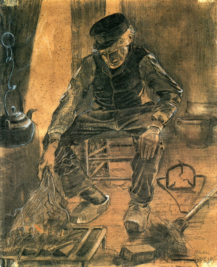 一个老人把干米放在壁炉上 An Old Man Putting Dry Rice on the Hearth (1881; Netherlands  )，文森特·梵高