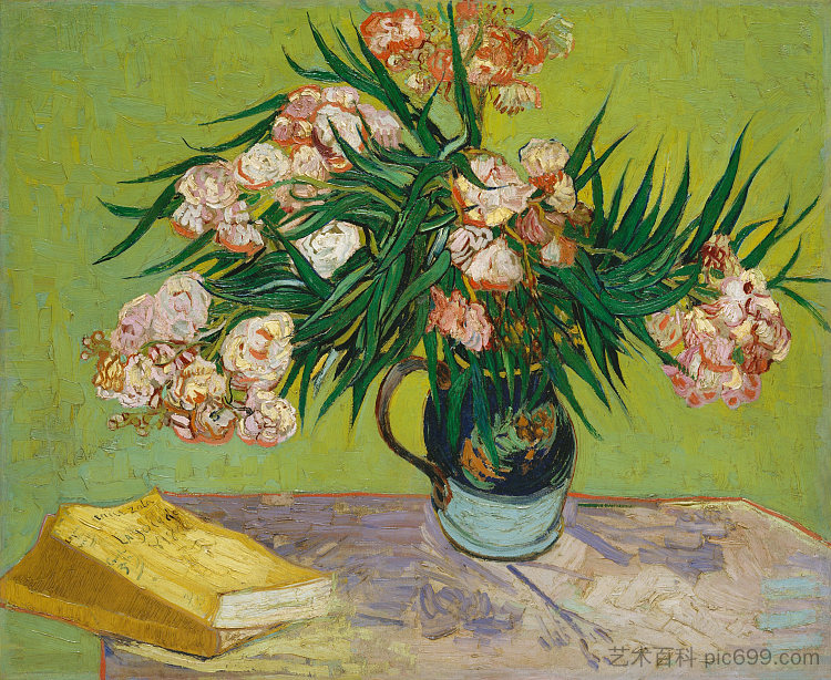 夹竹桃和书籍 Oleanders and Books (1888; Arles,Bouches-du-Rhône,France  )，文森特·梵高