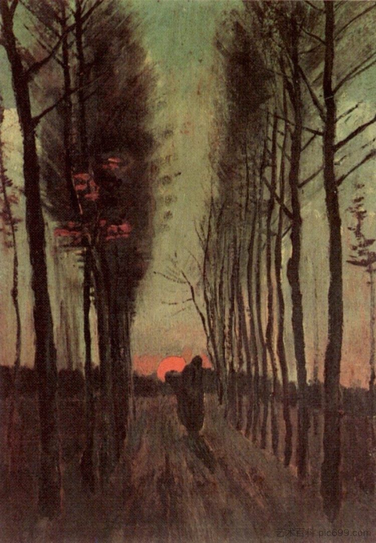 日落时的白杨树大道 Avenue of Poplars at Sunset (1884; Nunen / Nuenen,Netherlands  )，文森特·梵高