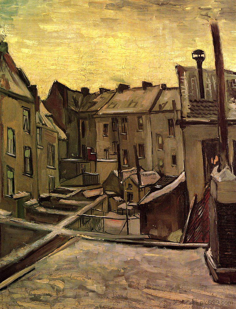 雪中安特卫普老房子的后院 Backyards of Old Houses in Antwerp in the Snow (1885; Antwerp,Belgium  )，文森特·梵高