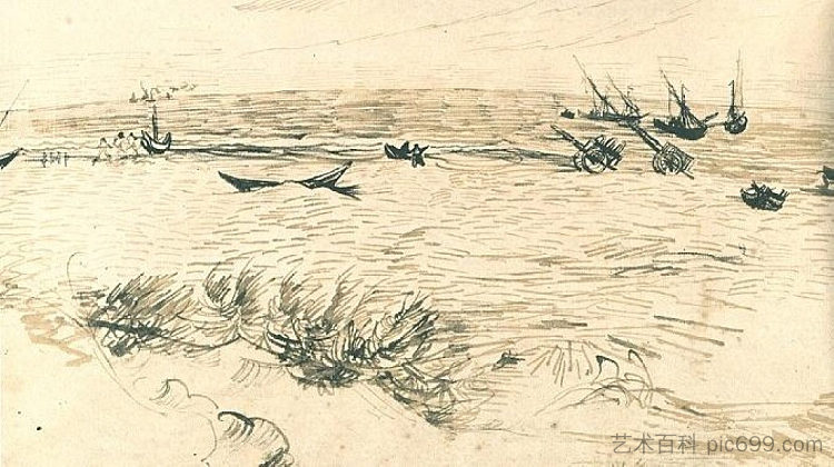 海滩、大海和渔船 Beach, Sea, and Fishing Boats (1888; Arles,Bouches-du-Rhône,France  )，文森特·梵高