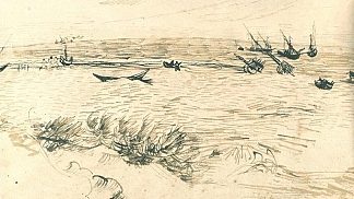 海滩、大海和渔船 Beach, Sea, and Fishing Boats (1888; Arles,Bouches-du-Rhône,France                     )，文森特·梵高