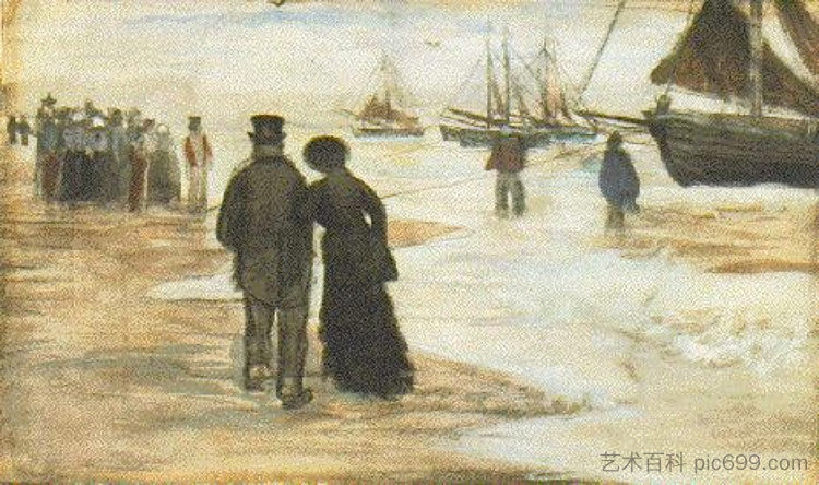 海滩上有散步的人和船 Beach with People Walking and Boats (1882; Haag / Den Haag / La Haye / The Hague,Netherlands  )，文森特·梵高