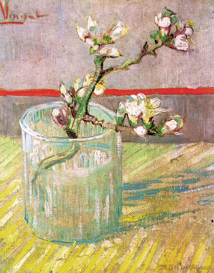 玻璃杯中盛开的杏仁枝 Blossoming Almond Branch in a Glass (1888; Arles,Bouches-du-Rhône,France  )，文森特·梵高