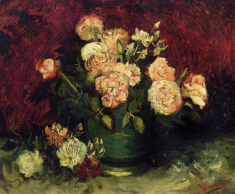 装有牡丹和玫瑰的碗 Bowl with Peonies and Roses (1886; Paris,France  )，文森特·梵高