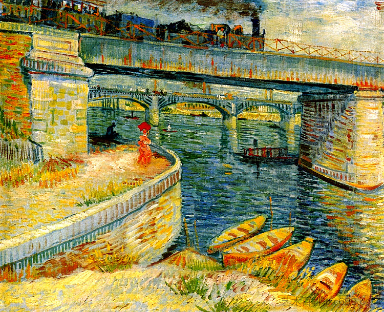 横跨塞纳河的桥梁在阿涅尔 Bridges across the Seine at Asnieres (1887; Paris,France  )，文森特·梵高